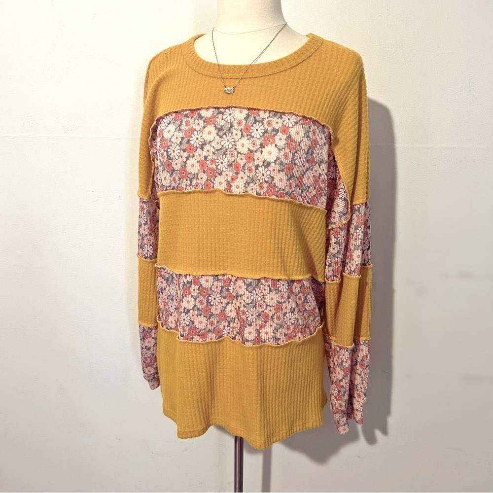 Boutique Oversized Floral Patchwork Waffle Knit Mustard Yellow Top by Heimish